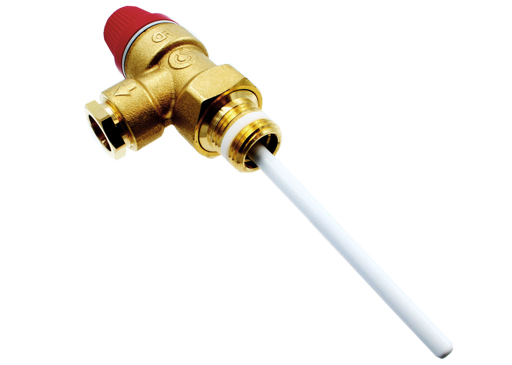 A gold-colored brass pressure and temperature relief valve with a white plastic handle and a red control knob.